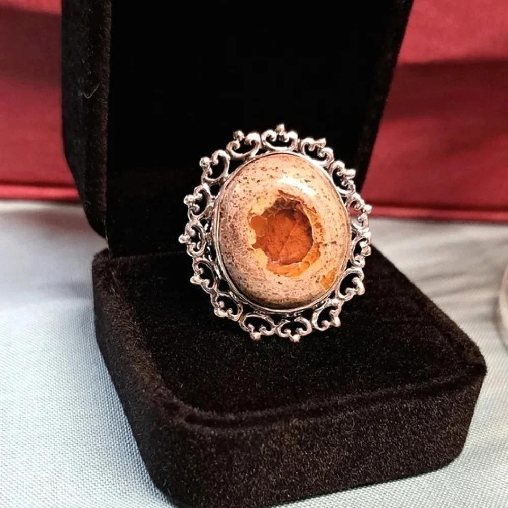 Fire Opal Matrix Large Solitaire Ring In 925 Sterling Silver. - Picture 2 of 8